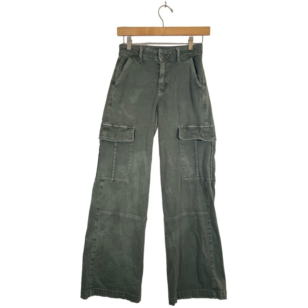 American Eagle Women Size 000 Olive Cargo Pant Baggy Stretch High Waist Wide Leg